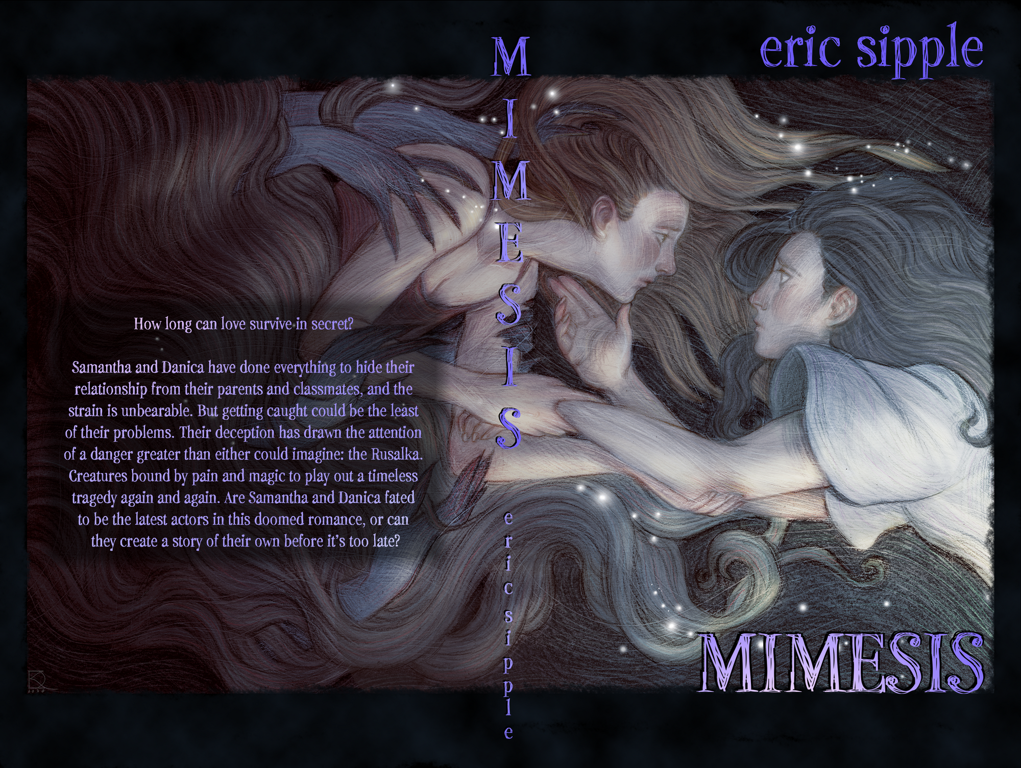 The book cover for MIMESIS. Two girls underwater, one being dragged backwards by monstrous hands, the other trying to hold on as she's pulled away.