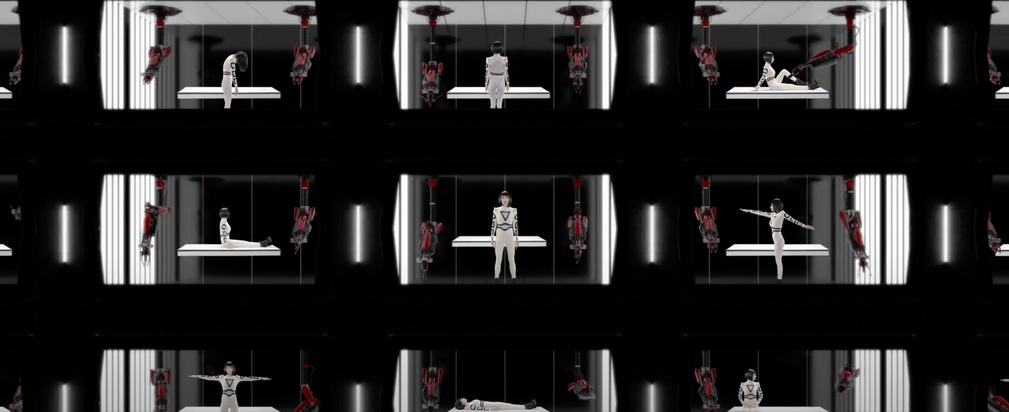 A shot from the "Same Sea" music video. A 3x3 grid of rooms, open windows into each, with identical cyborgs played by Lights in all rooms, each in different poses.