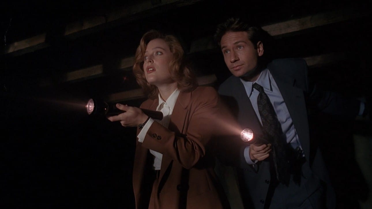 Mulder and Scully in a basement, looking at something offscreen with flashlights.