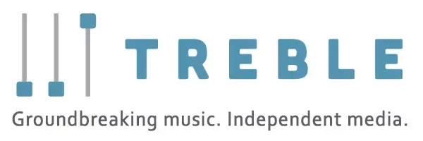 The logo for Treble. Three mixing sliders, gray with blue "knobs", the word Treble in slate blue, and the subhead in gray: Groundbreaking music. Independent media.