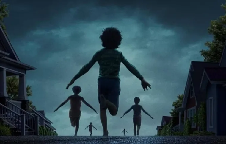 Key art for the film Weapons. Five children run down a suburban street away from the camera, each of them with their arms airplaned out at a downward angle.